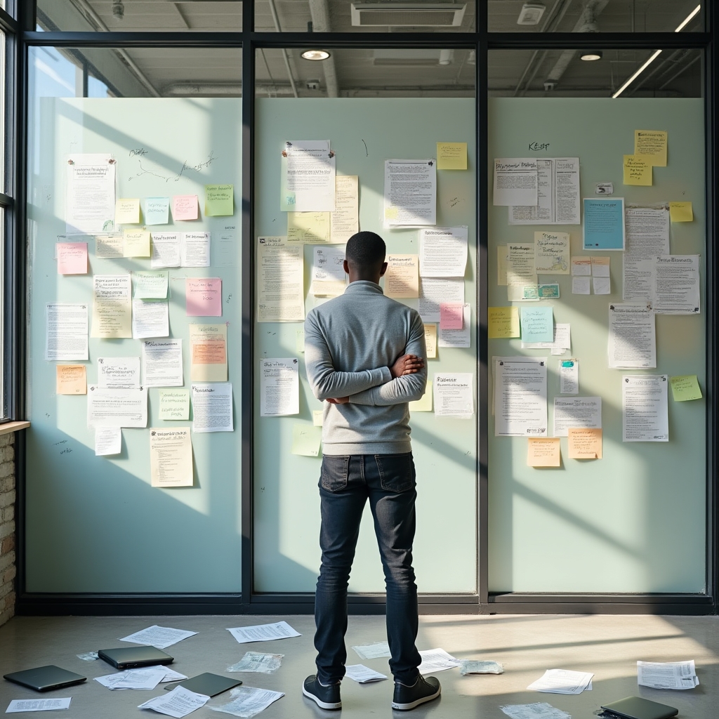Content strategist surrounded by printed blog post printouts and sticky notes organized on a glass wall in a bright office