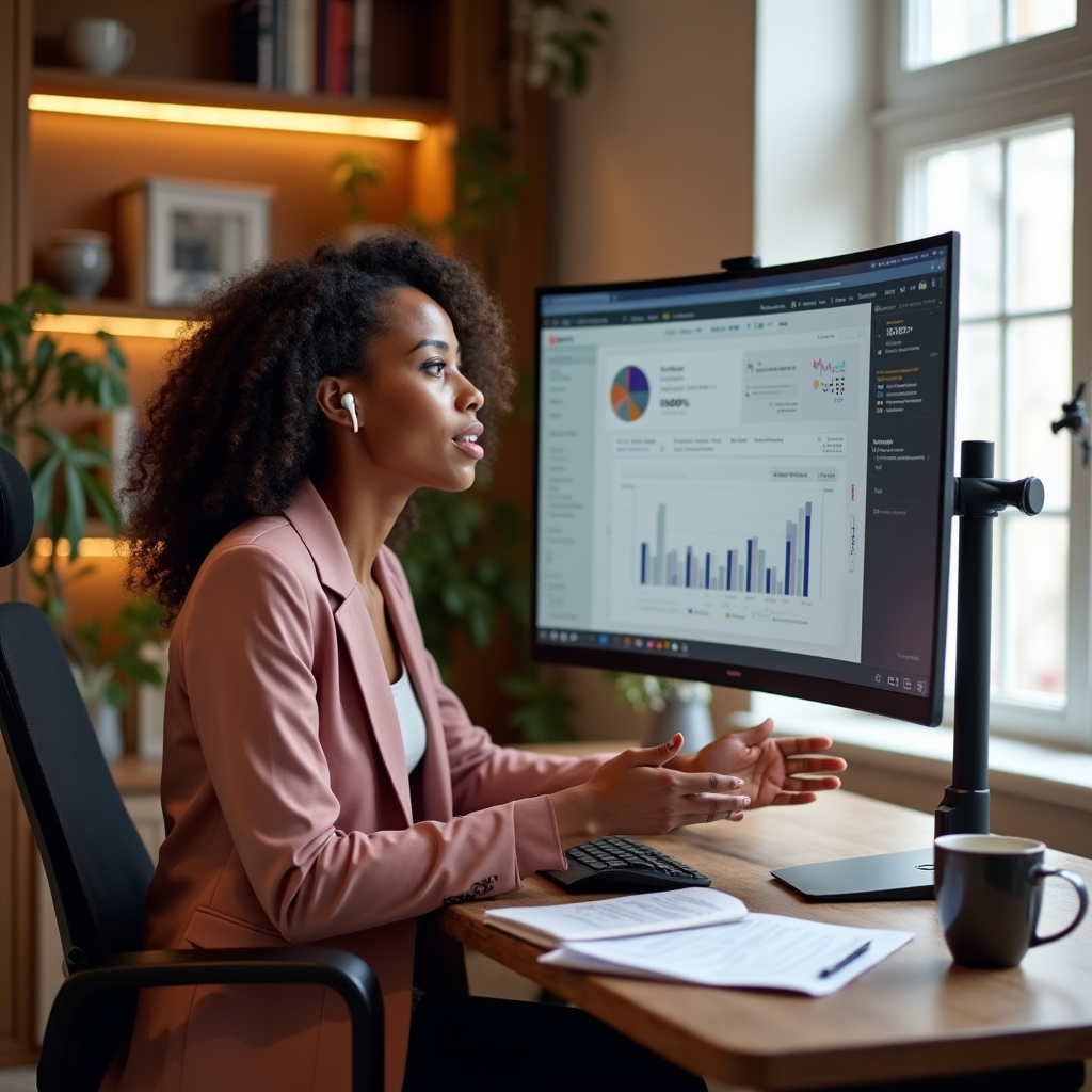 Content consultant in her late thirties conducting a video discovery call at a standing desk with large monitor showing a content analytics dashboard