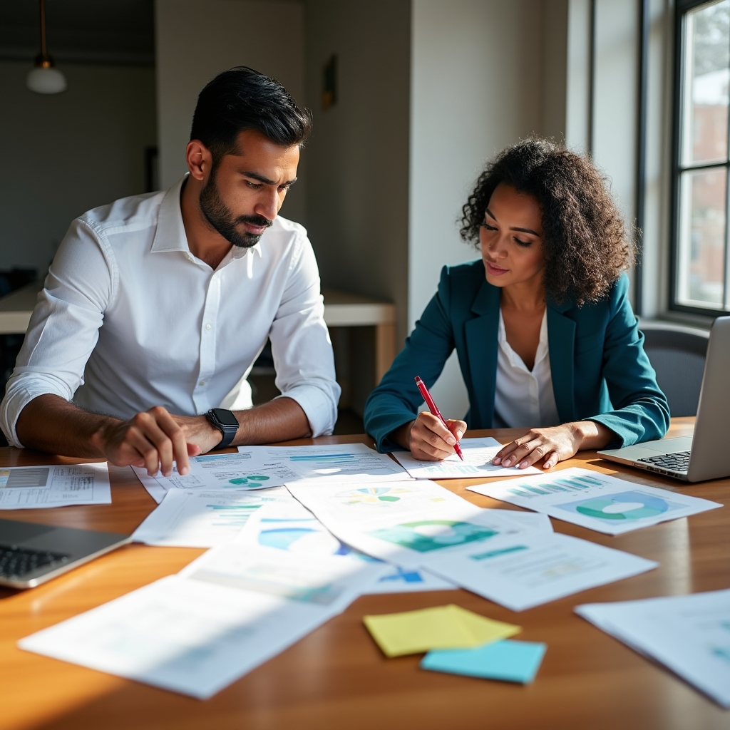Two content strategists analyzing performance spreadsheets and search console reports at a modern conference table