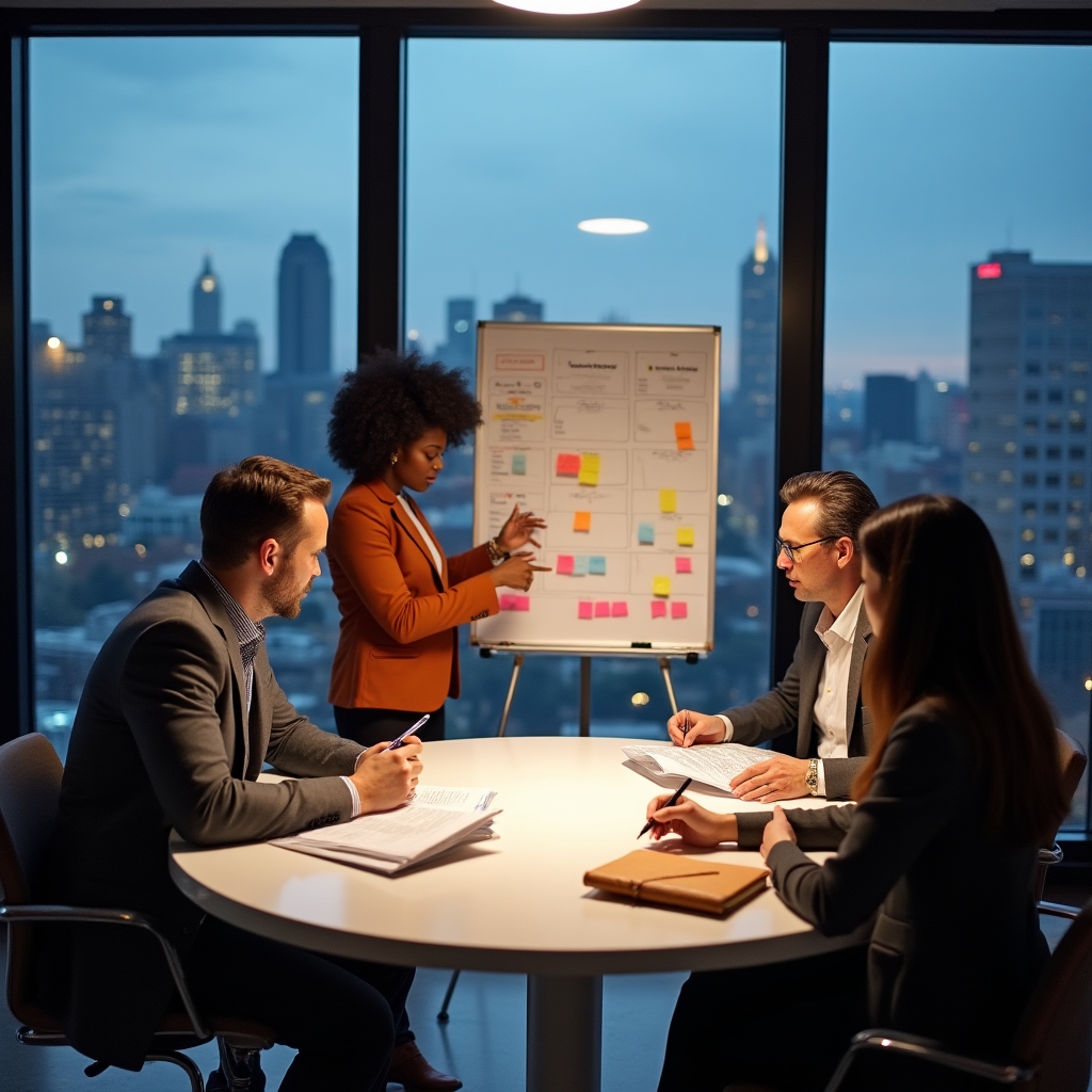Three content strategists in their mid-thirties reviewing printed audit reports at a round table in a bright Philadelphia office with city views